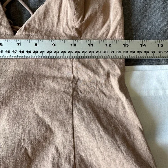 Zara Lattice Tie Back Linen Blend Midi Dress Beige/Tan Medium High Slit Cocktail - Picture 9 of 16